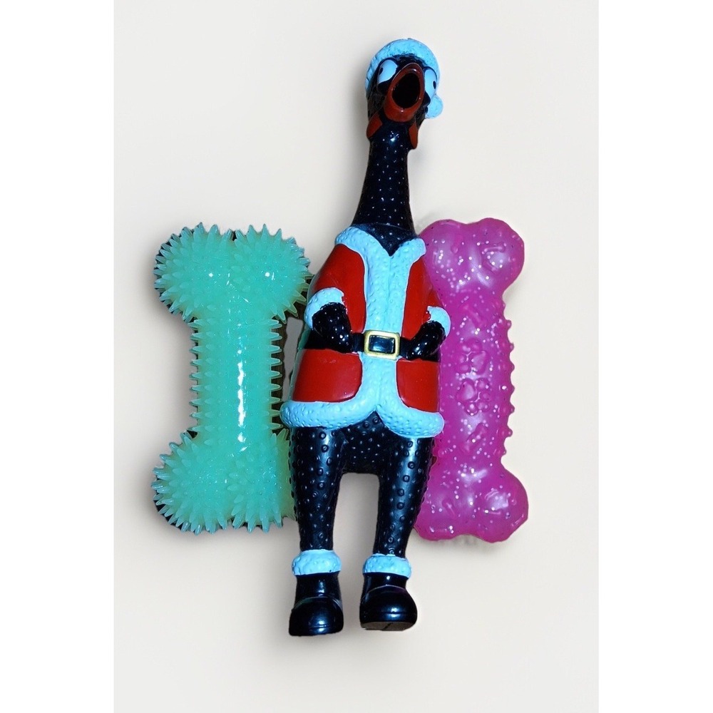 3pc Dog Toy Bundle Santa Claus Squeaky Rubber Chicken & Textured Chew Bones